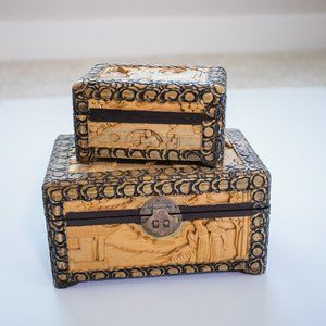 Antique Chinese Wood Boxes Hand Carved Set of 2 jewelry box set